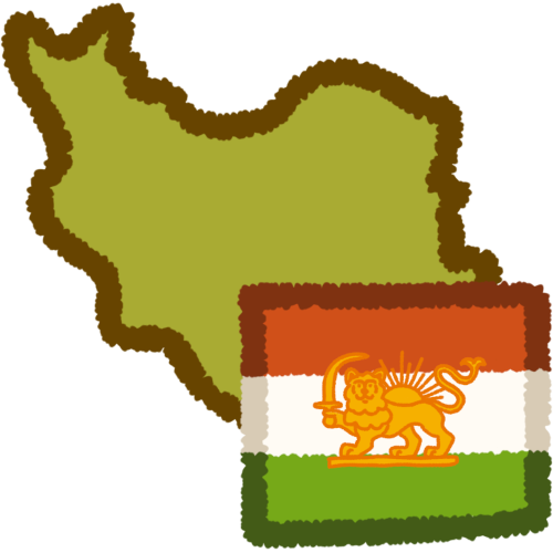  a green shape of the country of iran, with the pre-revolution persian flag